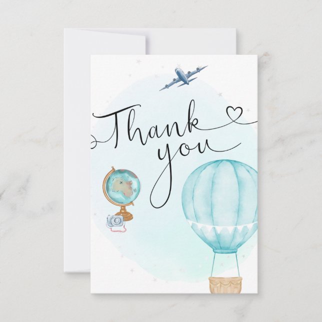 Blue Hot Air Balloon Script Thank You Card (Front)