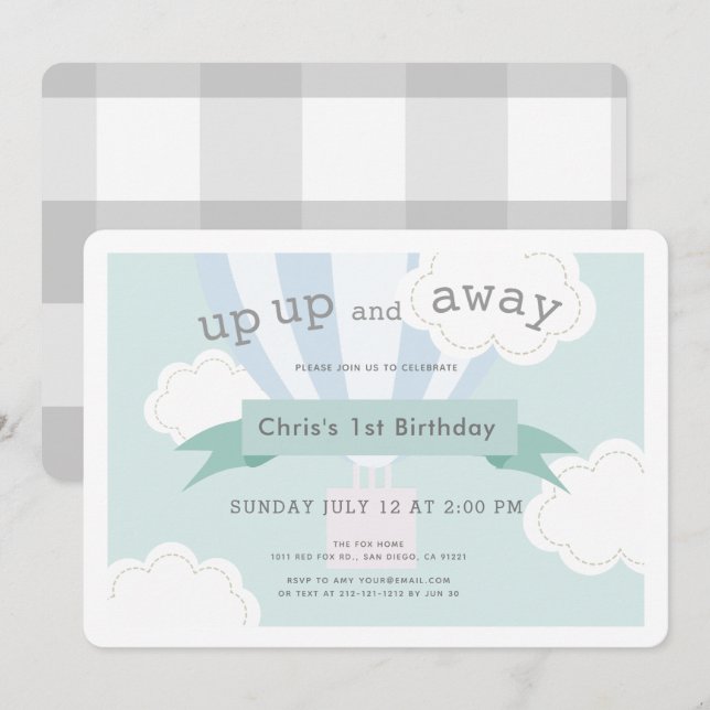 Blue Hot Air Balloon Up Up and Away 1st Birthday Invitation (Front/Back)