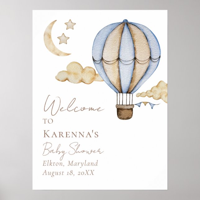 Blue Hot Air Balloon White Baby Shower Welcome Poster (Front)