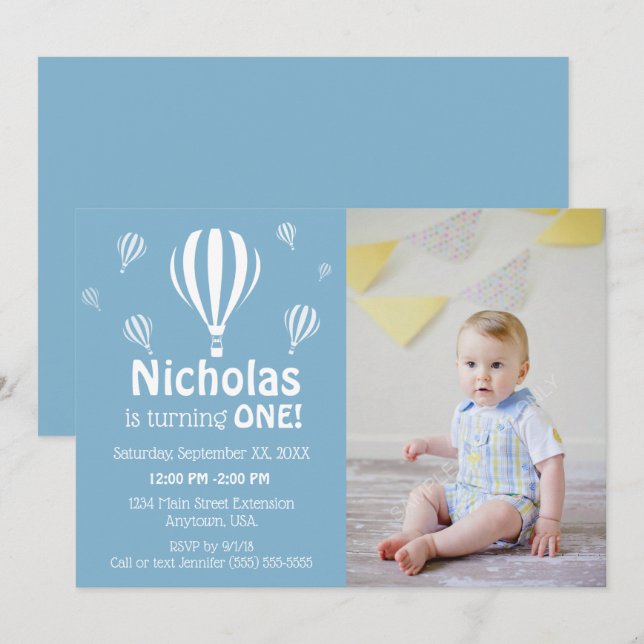 Blue Hot Air Balloons Baby's First Birthday Photo Invitation (Front/Back)
