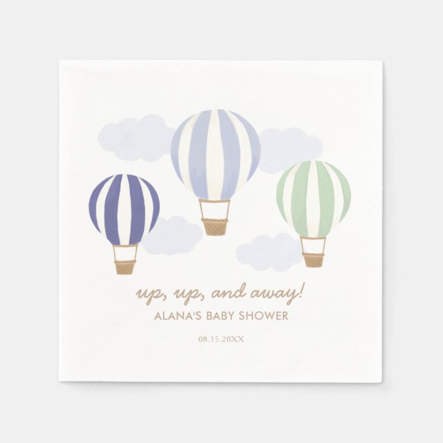 Blue Hot Air Balloons Boy Baby Shower Napkin (Front)