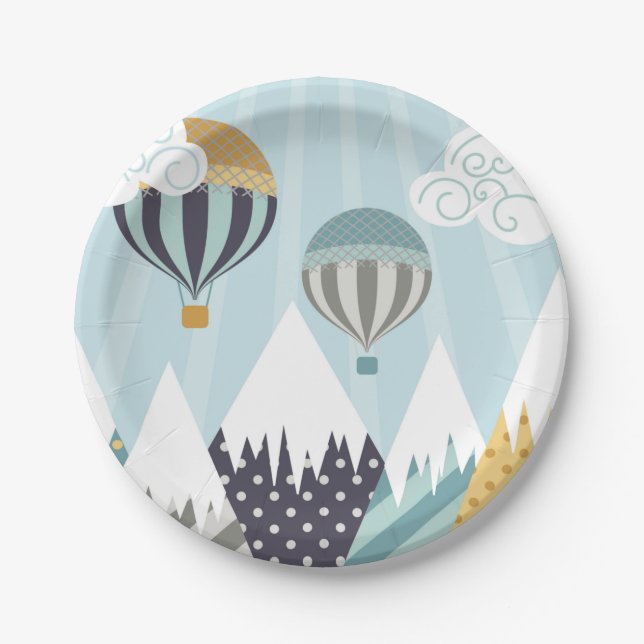 Blue Hot Air Balloons Paper Plate (Front)