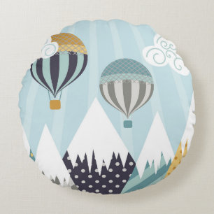Blue Hot Air Balloons Round Pillow
