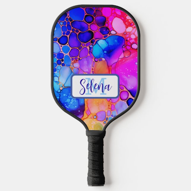 Blue, Hot Pink & Orange Alcohol & Ink Pickleball Paddle (Front)