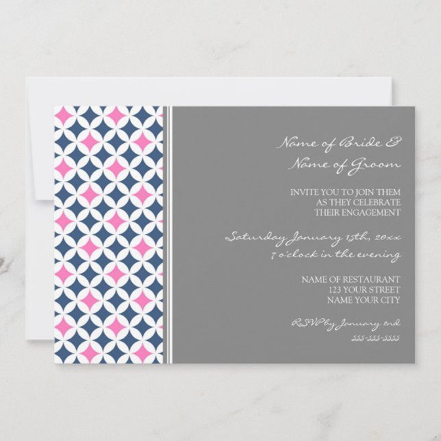Blue Hot Pink Pattern Engagement Party Invitations (Front)