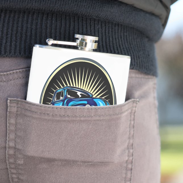 Blue Hot Rod Classic Muscle Car  Flask (In Situ)