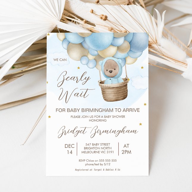 Blue Hotair Balloon Bearly Wait Baby Shower Invitation (Boy's blue beige hotair balloon bearly wait for baby to arrive baby shower invitation.)