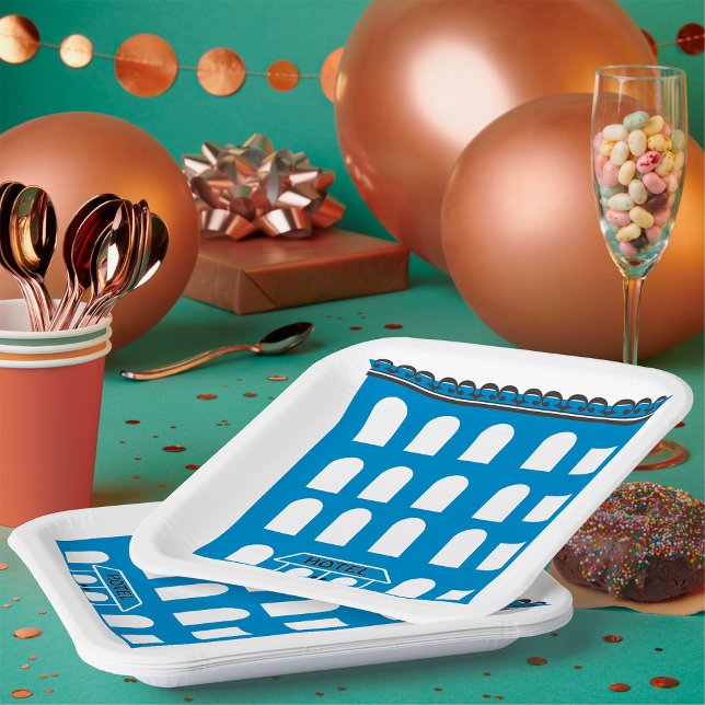 Blue Hotel Building Vintage City Architecture Paper Plate (Creator Uploaded)