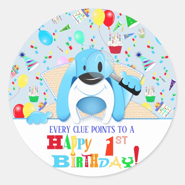 Blue Hound Dog Mystery Detective Birthday Party Classic Round Sticker (Front)