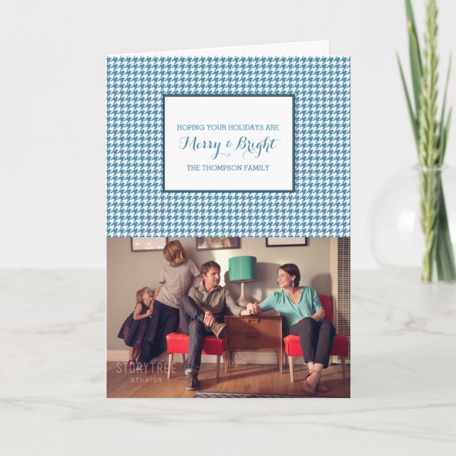 Blue Houndstooth Holiday Photo Card (Front)