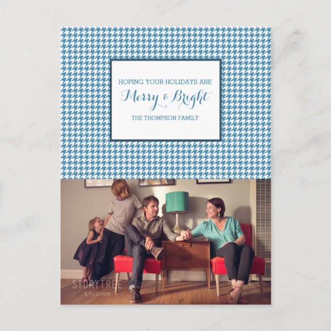 Blue Houndstooth Holiday Photo Postcard (Front)