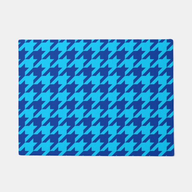 Blue Houndstooth Plaid Check Doormat (Front)