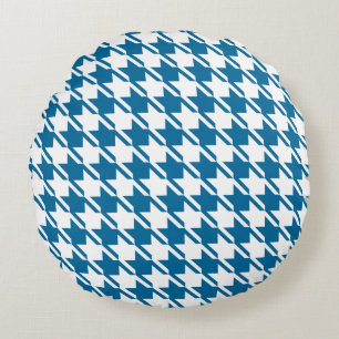 Blue Houndstooth Repeating Pattern Round Pillow