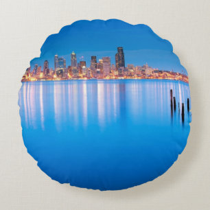 Blue hour view of downtown Seattle Round Pillow