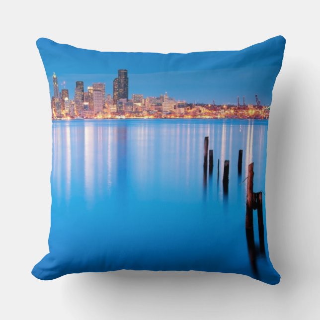 Blue hour view of downtown Seattle Throw Pillow (Front)