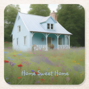 Blue House Housewarming Square Paper Coaster