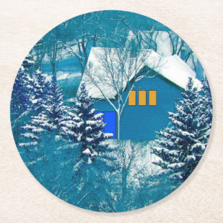 Blue house in winter woods round paper coaster