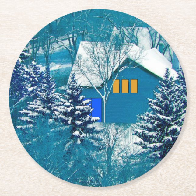 Blue house in winter woods round paper coaster (Front)