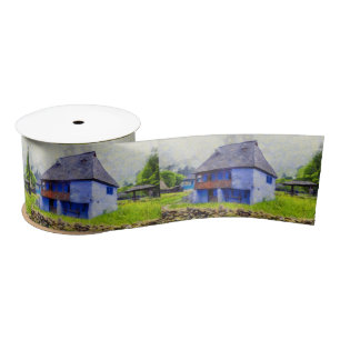 Blue house painting satin ribbon