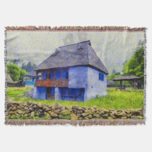 Blue house painting throw blanket