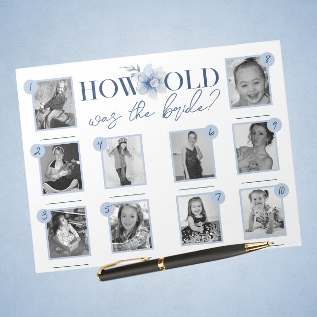 Blue How Old was Bride Photo Game Pack of 40 Notepad (Blue Floral How Old Was the Bride Photo Game Pack of 40. Personalize with your 10 photos!)