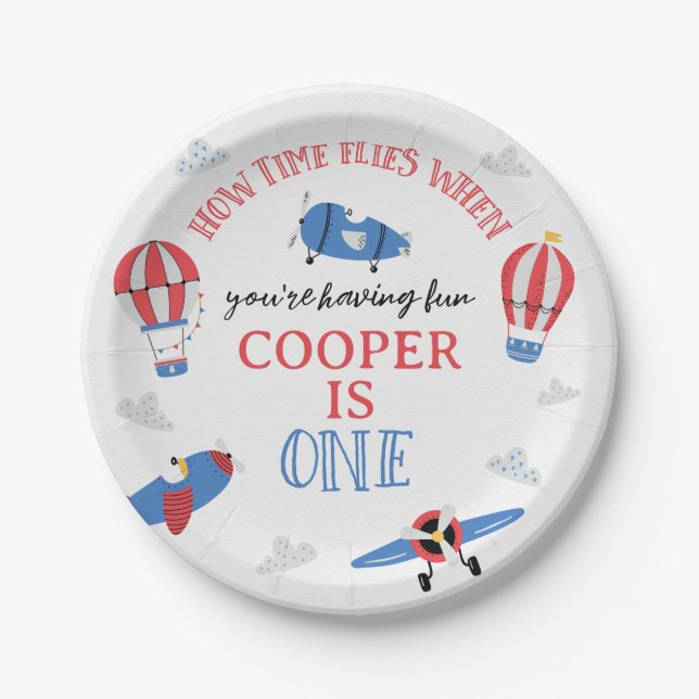 Blue How Time Flies Plane 1st Birthday Paper Plate (Front)