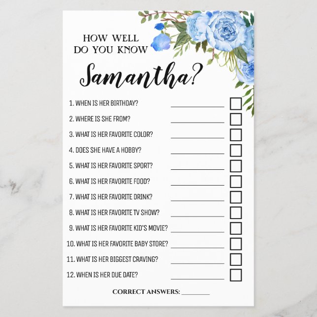 Blue How well do you know mom bilingual game card (Front)