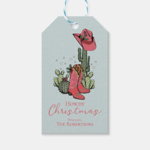 Blue Howdy Christmas Cowgirl Boots and Cacti Gift Tags
