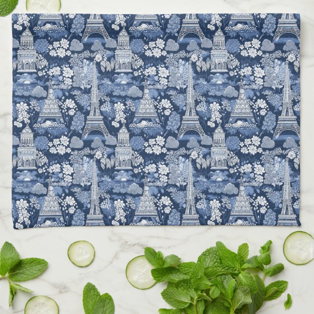 Blue-hued Intricate Parisian Eiffel Tower Toile Kitchen Towel (Folded)