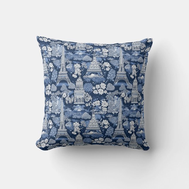 Blue-hued Intricate Parisian Eiffel Tower Toile Throw Pillow (Front)