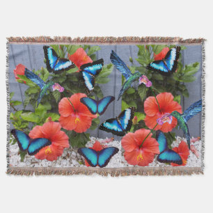 BLUE HUMMINGBIRD AND BUTTERFLIES throw Blanket
