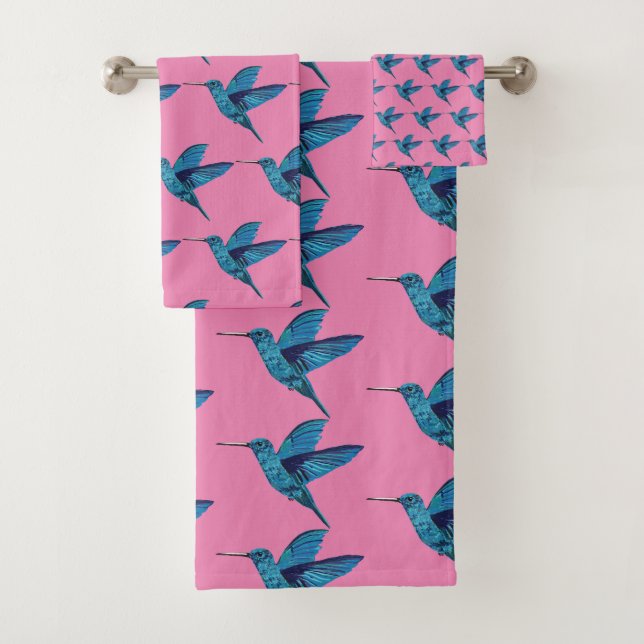 Blue Hummingbird Bath Towel Set (Insitu)