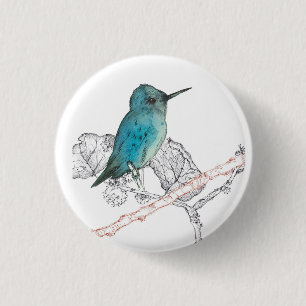 Blue Hummingbird Branches Watercolor 1 Inch Round Button
