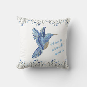 "Blue Hummingbird Embroidered housewarming gift Throw Pillow