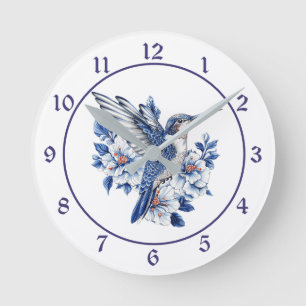 Blue Hummingbird Floral Round Clock