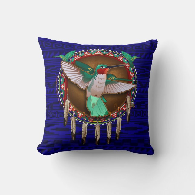 Blue Hummingbird Native American design pillow art (Front)