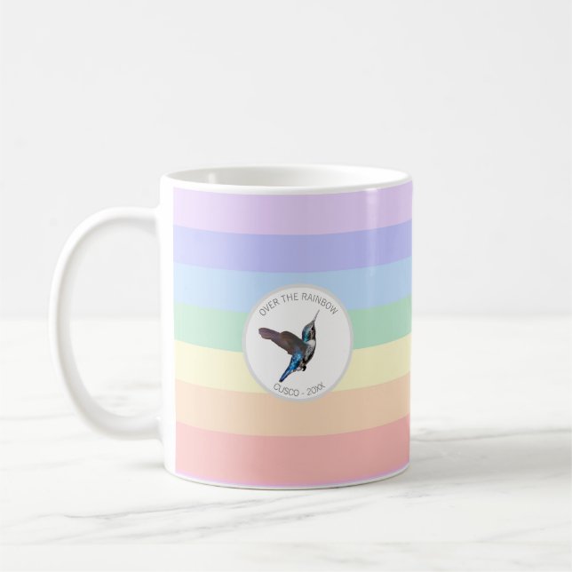 Blue Hummingbird on Pastel Rainbow Coffee Mug (Left)