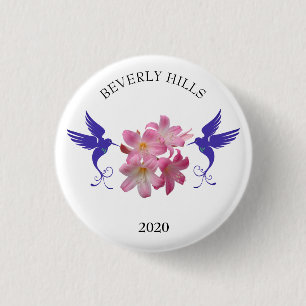 Blue hummingbirds and flowers 1 inch round button