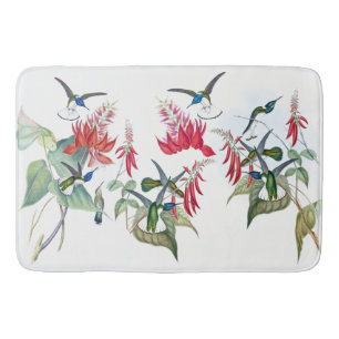 Blue Hummingbirds Birds Red Flowers Bath Mat