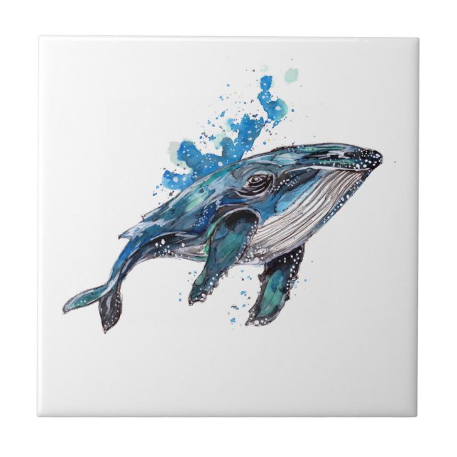 Blue Humpback Whale Watercolor Tile (Front)
