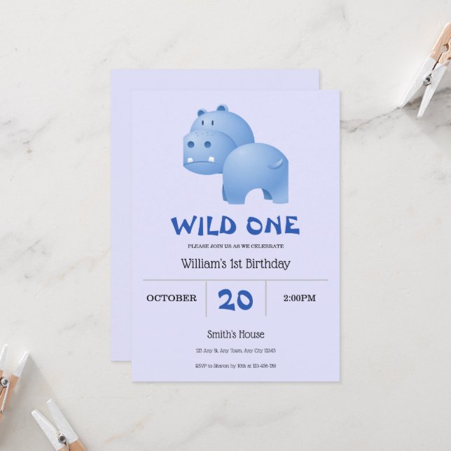 Blue Hungry Hippo 1st Birthday Invitation (Front/Back In Situ)