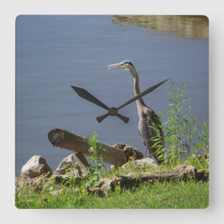 Blue Huron on Shore Square Wall Clock