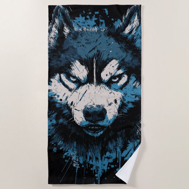 Blue Husky Beach Towel – Bold Dog Art (Front)