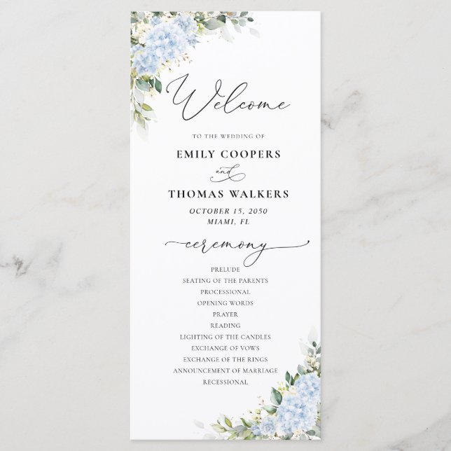 Blue Hydrange Floral Wedding Program (Front)