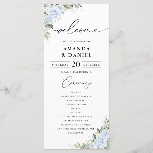 Blue Hydrange Floral Wedding Program (Front)