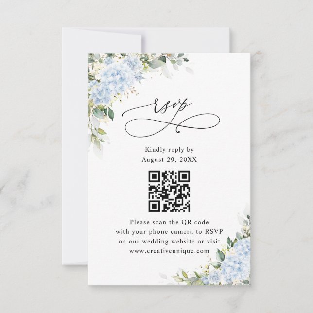Blue Hydrange Floral Wedding Website QR Code RSVP Card (Front)