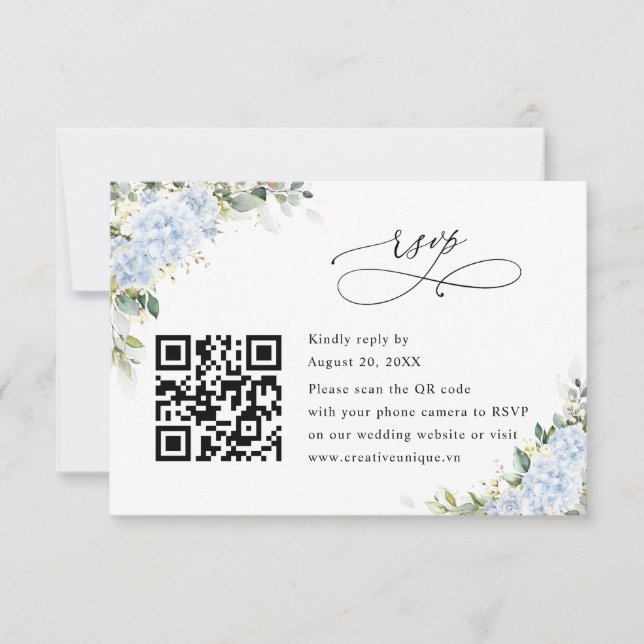 Blue Hydrange Floral Wedding Website QR Code RSVP Card (Front)