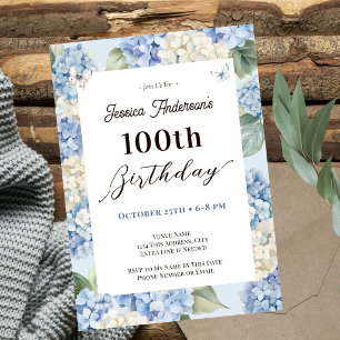 Blue Hydrangea 100th Birthday Adult Garden Invitation