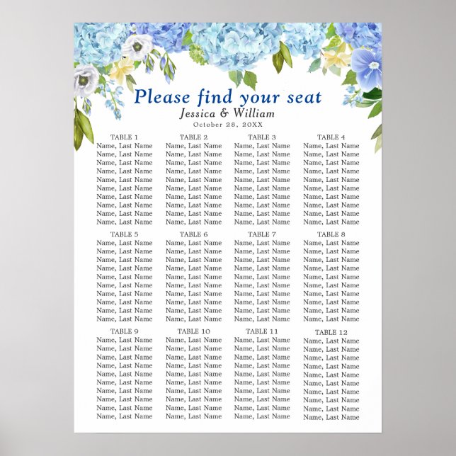 Blue Hydrangea  12 Tables Wedding SEATING CHART (Front)
