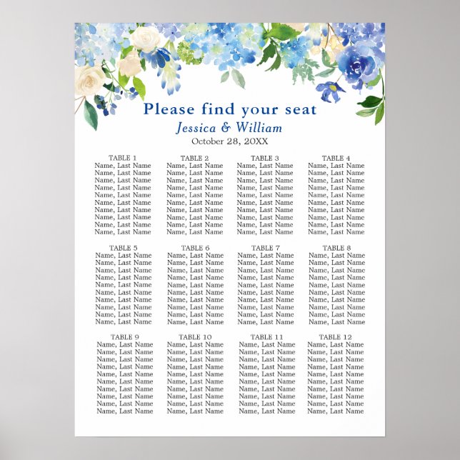 Blue Hydrangea 12 Tables Wedding SEATING CHART (Front)